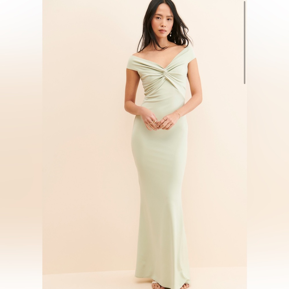 Katie May Off-Shoulder Twist Maxi Dress in Pale Green